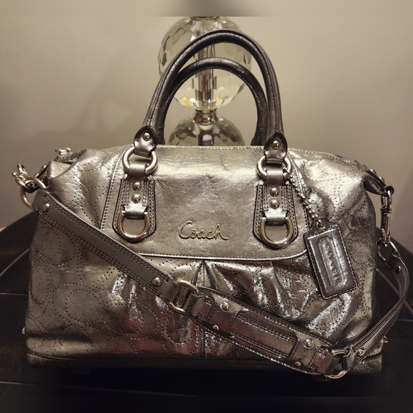 COACH Ashley Perforated Metallic Gunmetal Leather Satchel SALE SALE SALE!!! - Picture 6 of 16